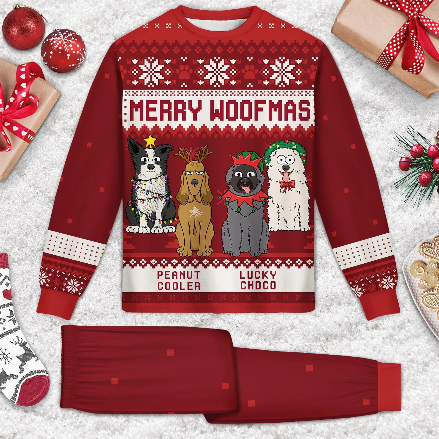 Feliz Navidog Merry Woofmas Funny Cartoon Dogs - Christmas Gift For Dog Lovers - Personalized Unisex Pajamas Set - Image 2