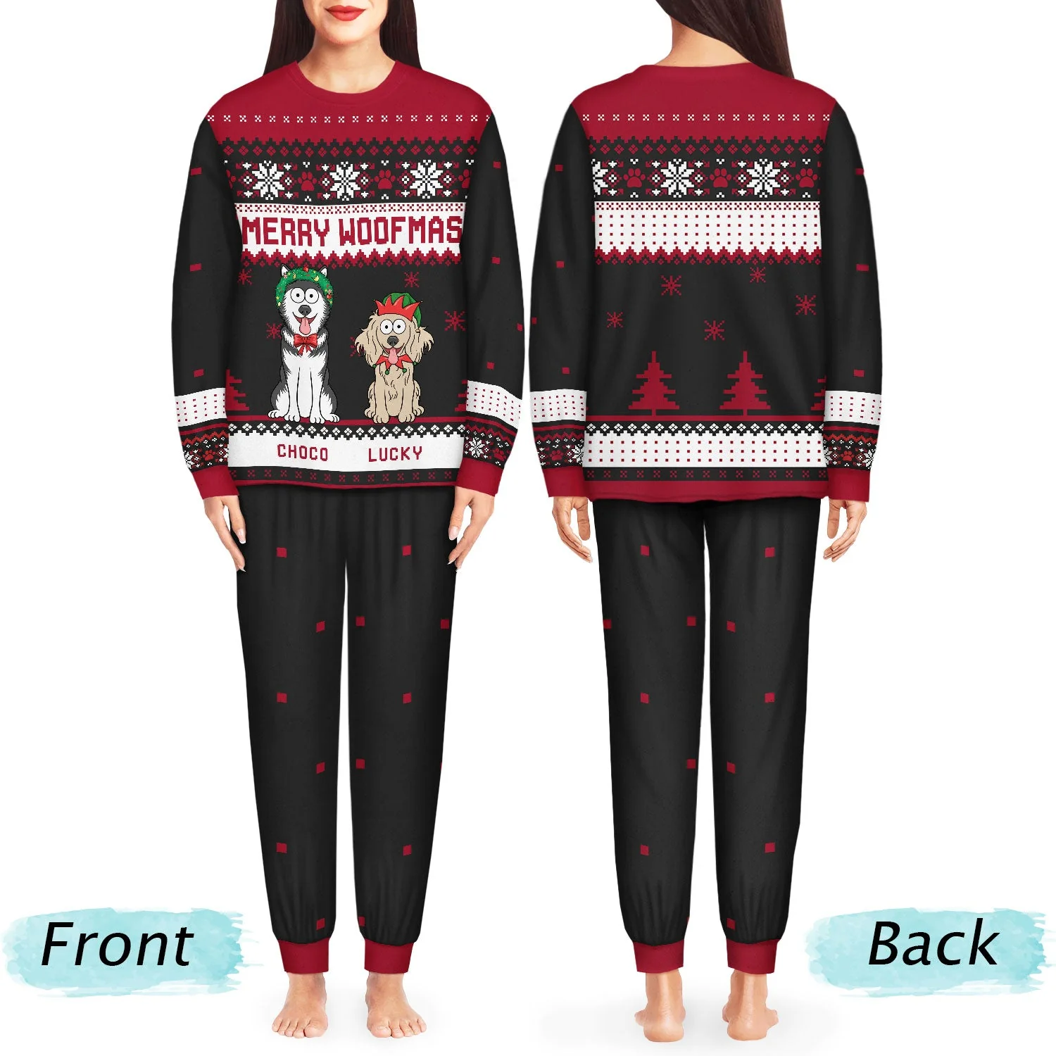 Feliz Navidog Merry Woofmas Funny Cartoon Dogs - Christmas Gift For Dog Lovers - Personalized Unisex Pajamas Set - Image 3