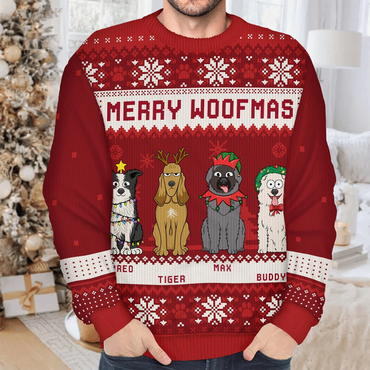 Feliz Navidog Merry Woofmas Funny Cartoon Dogs - Christmas Gift For Dog Lovers - Personalized Unisex Ugly Sweater - Image 4