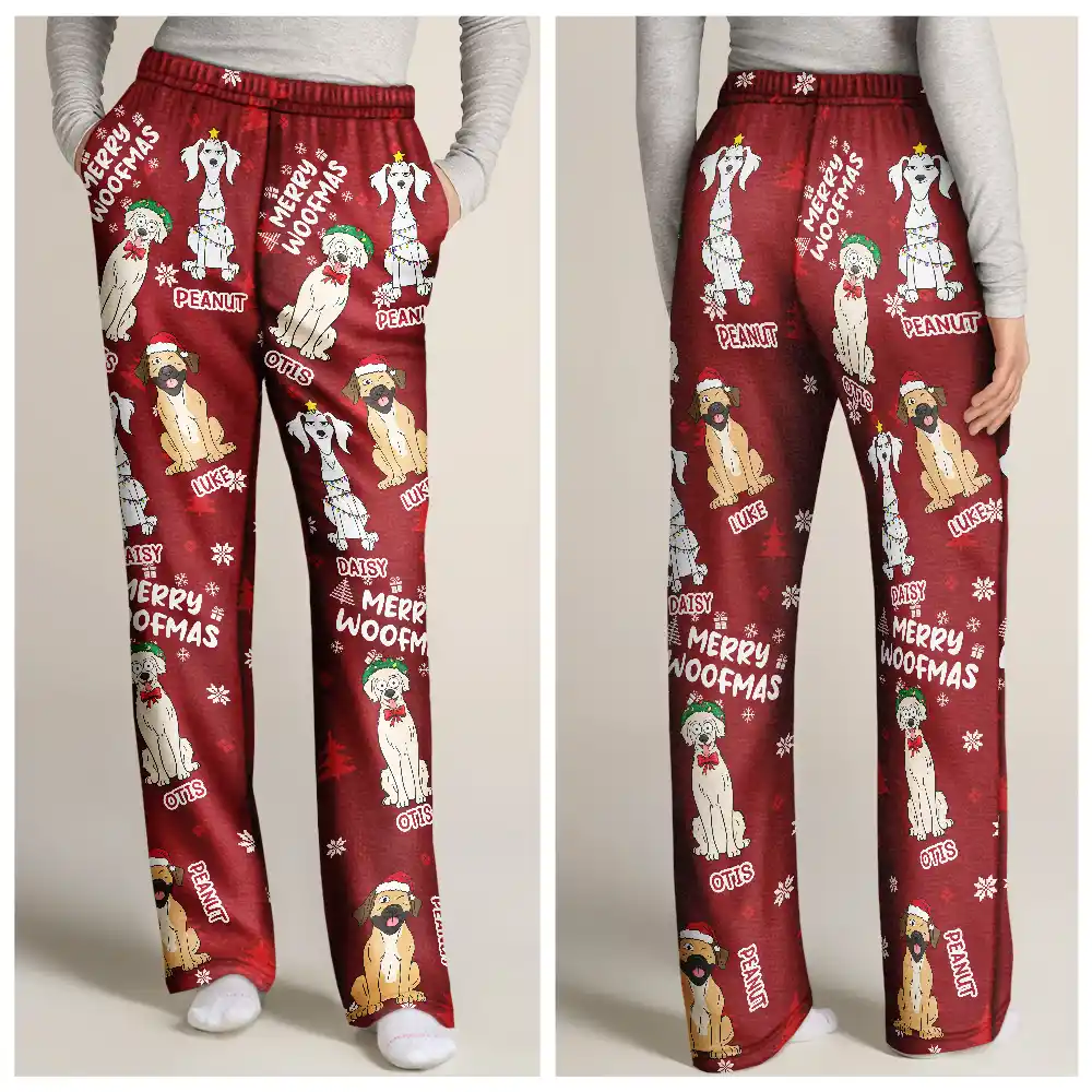 Feliz Navidog Merry Woofmas Funny Cartoon Dogs - Personalized Pajama Pants - Image 3