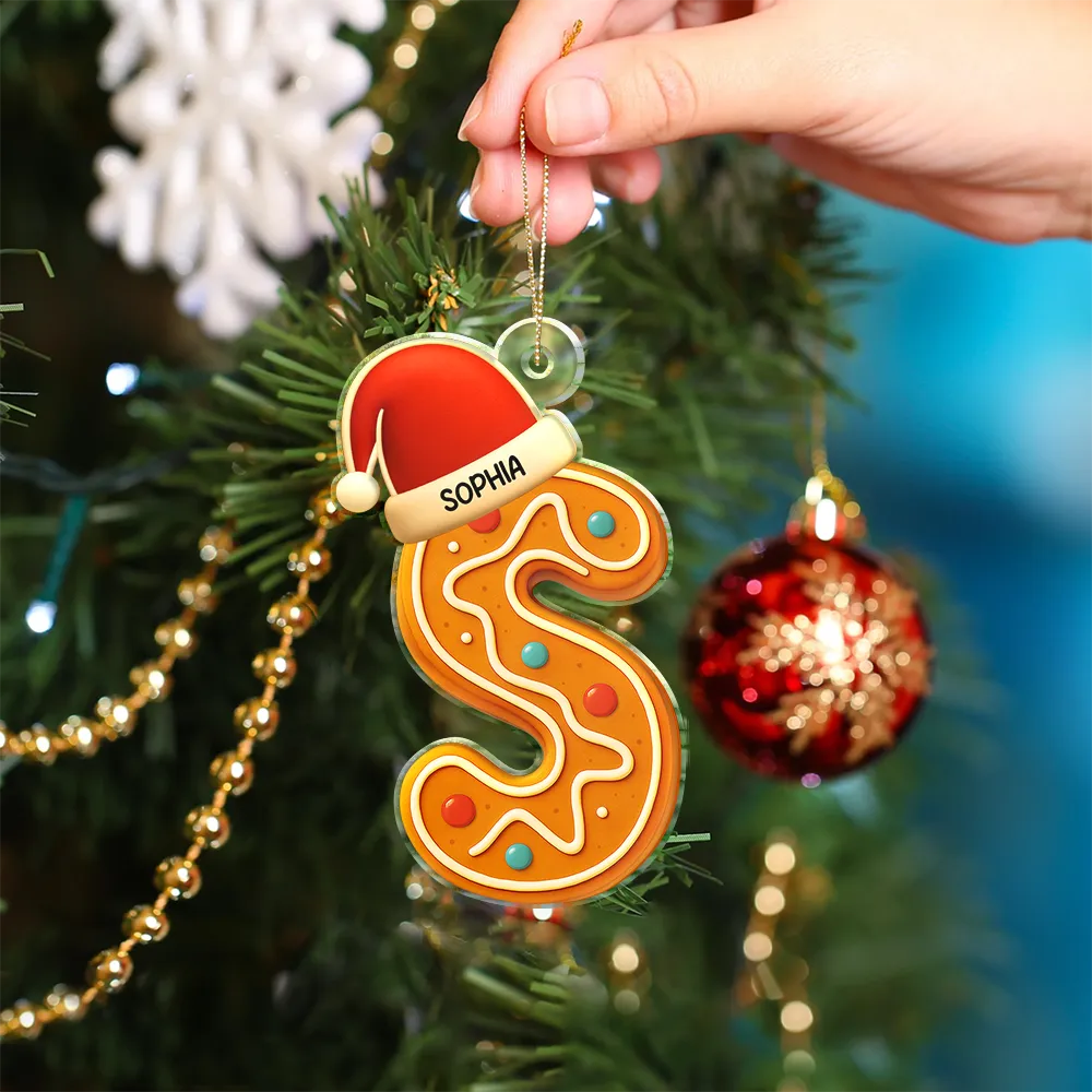 Festive Gingerbread Letters With Santa Hat - Personalized Custom Shaped Acrylic Ornament - Image 4