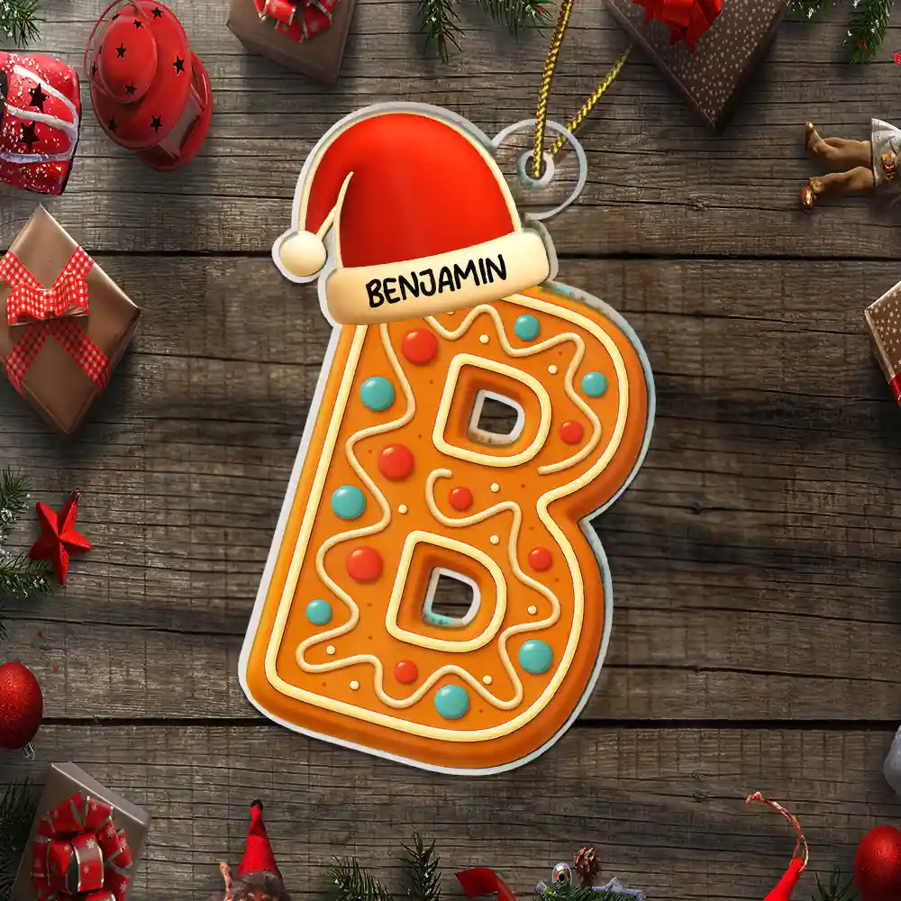 Festive Gingerbread Letters With Santa Hat - Personalized Custom Shaped Acrylic Ornament - Image 5