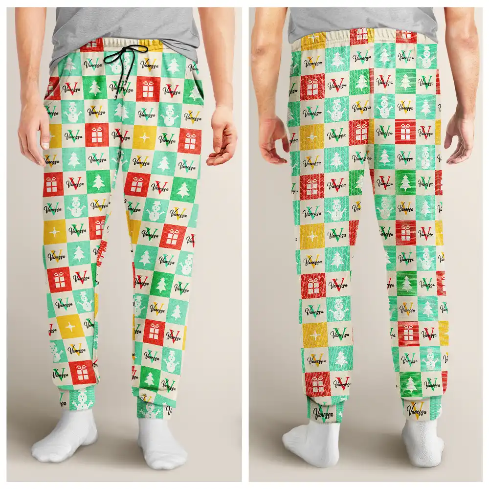 Festive Patchwork With Letters - Personalized Pajama Pants - Image 3