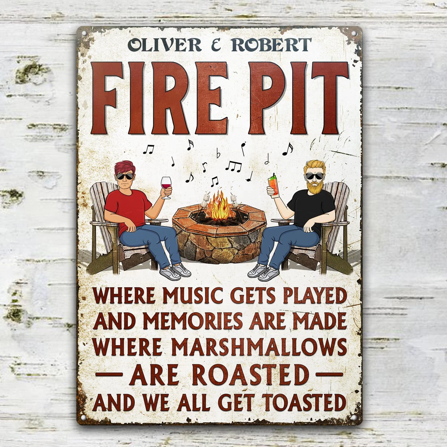 Fire Pit Where Music Gets Played Husband Wife Camping Couple Vertical - Backyard Sign - Personalized Custom Classic Metal Signs - Image 2