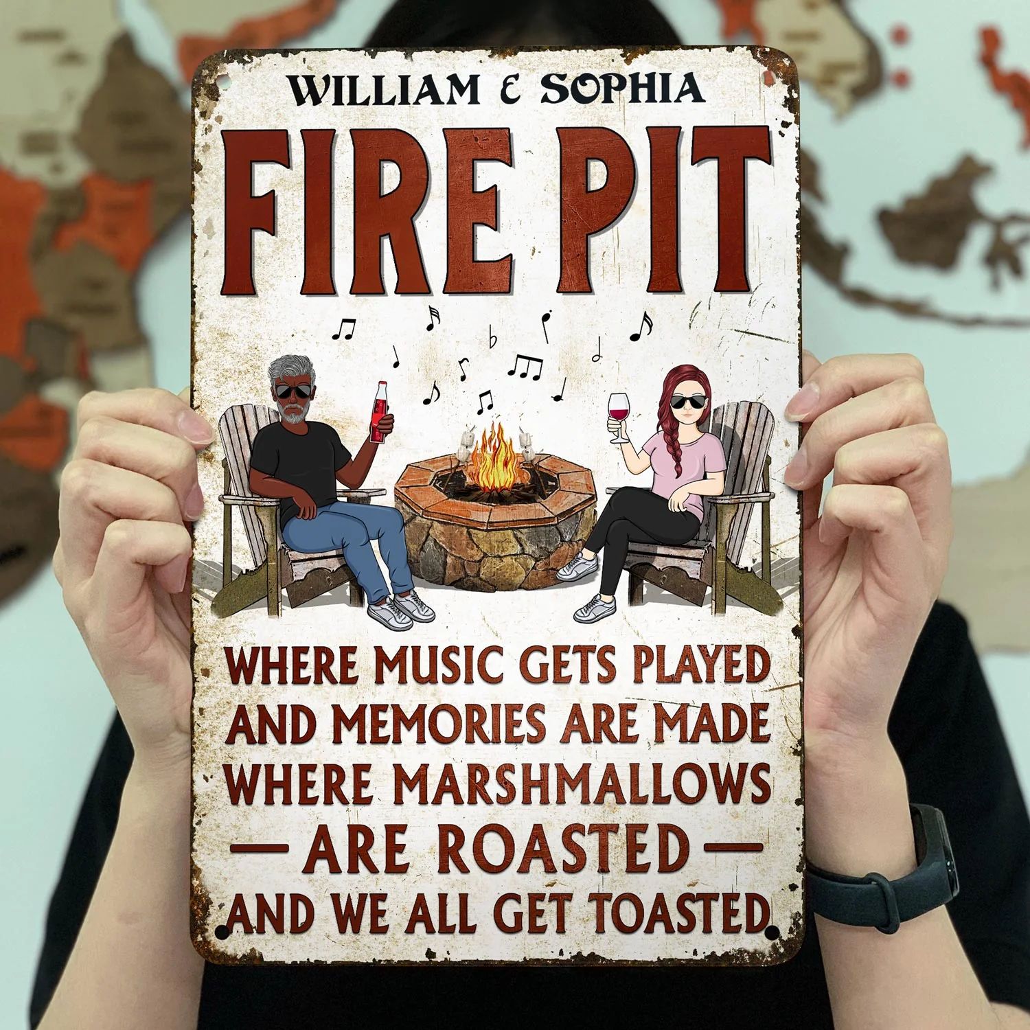 Fire Pit Where Music Gets Played Husband Wife Camping Couple Vertical - Backyard Sign - Personalized Custom Classic Metal Signs - Image 3