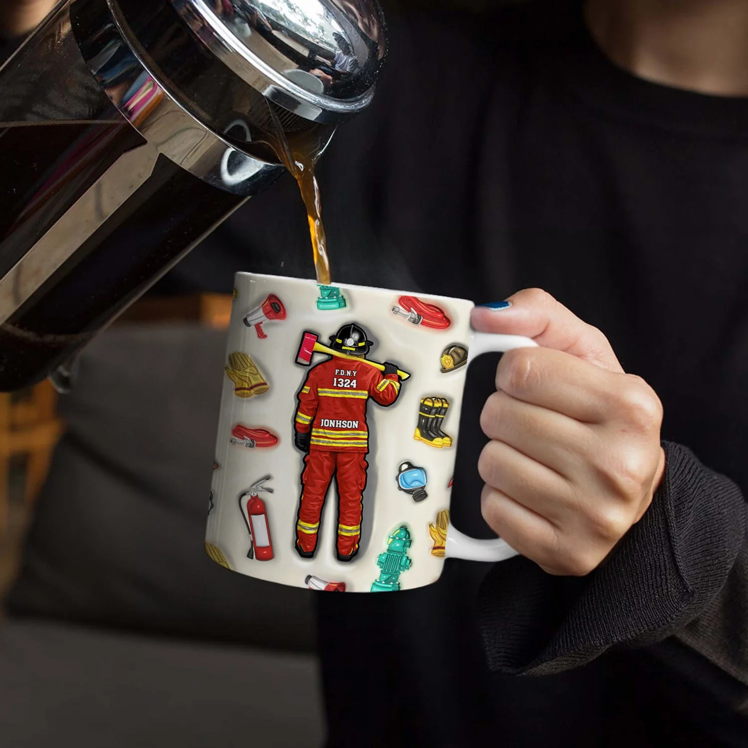 Firefighter 3D Uniform - Gift For Firefighters - 3D Inflated Effect Printed Mug, Personalized White Edge-to-Edge Mug - Image 4