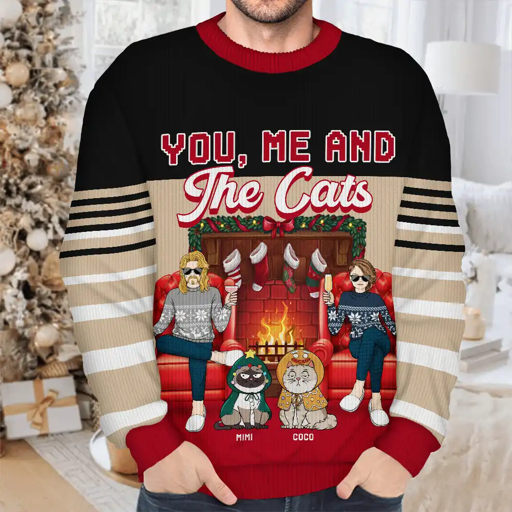 Fireplace You, Me And The Cat - Personalized Unisex Ugly Sweater - Image 3