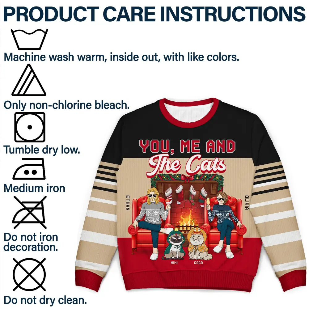 Fireplace You, Me And The Cat - Personalized Unisex Ugly Sweater - Image 6