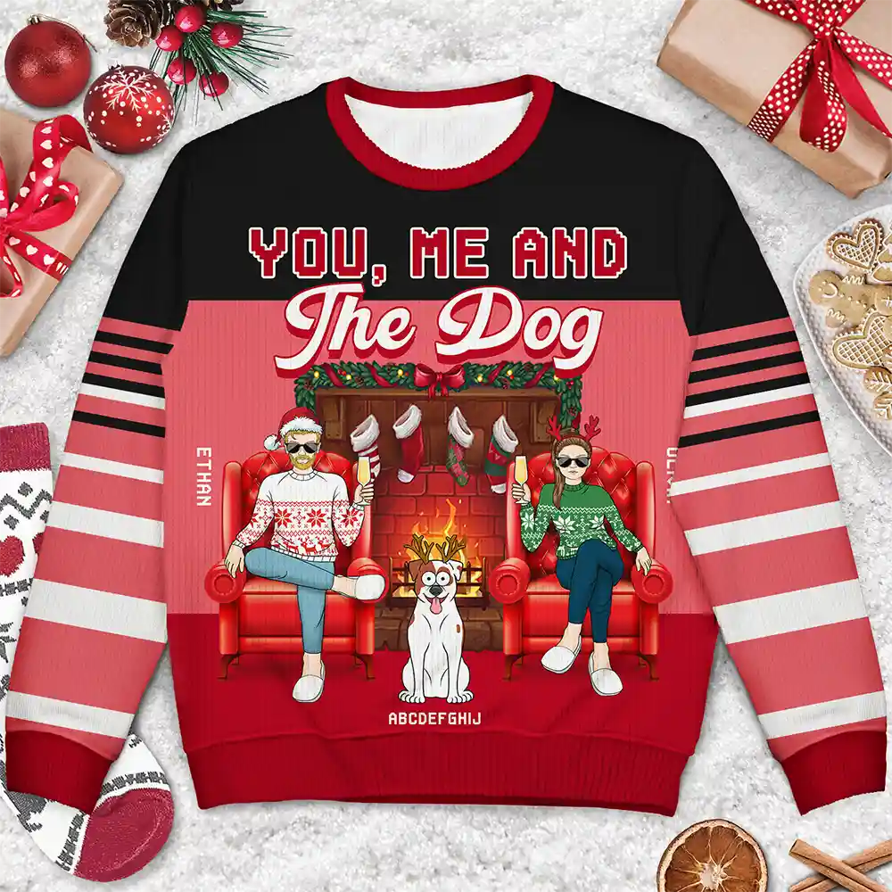 Fireplace You, Me And The Dog - Personalized Unisex Ugly Sweater - Image 3