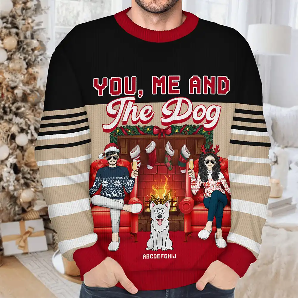 Fireplace You, Me And The Dog - Personalized Unisex Ugly Sweater - Image 4