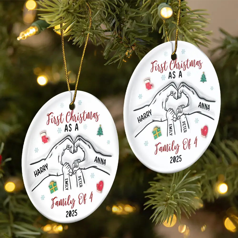 First Christmas As A Family As Three - 3D Inflated Effect Printed Ornament, Personalized Circle Ceramic Ornament - Image 2