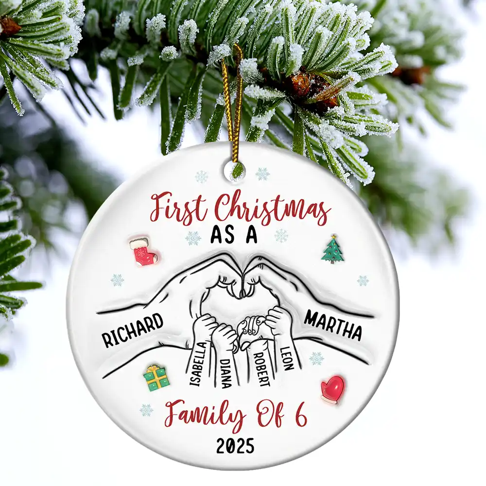 First Christmas As A Family As Three - 3D Inflated Effect Printed Ornament, Personalized Circle Ceramic Ornament - Image 4