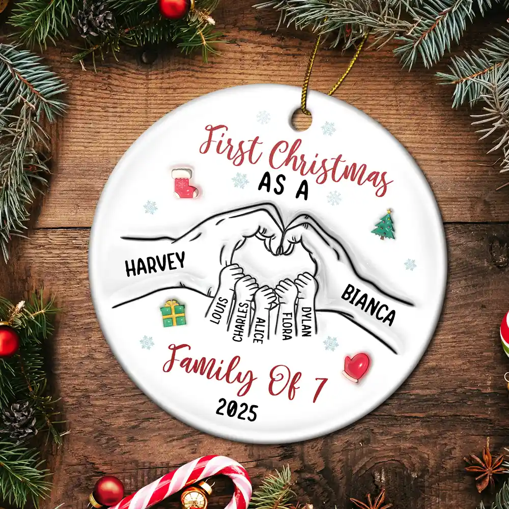 First Christmas As A Family As Three - 3D Inflated Effect Printed Ornament, Personalized Circle Ceramic Ornament - Image 5