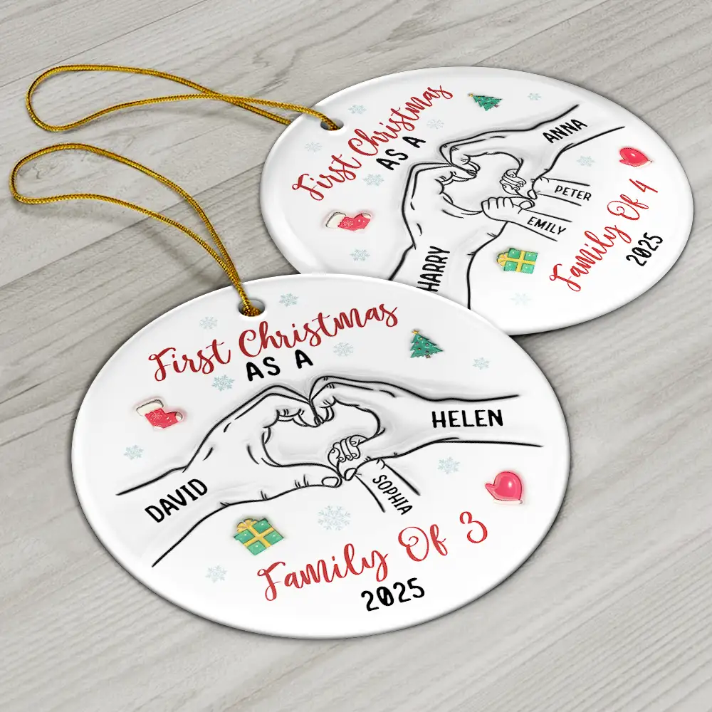 First Christmas As A Family As Three - 3D Inflated Effect Printed Ornament, Personalized Circle Ceramic Ornament - Image 6