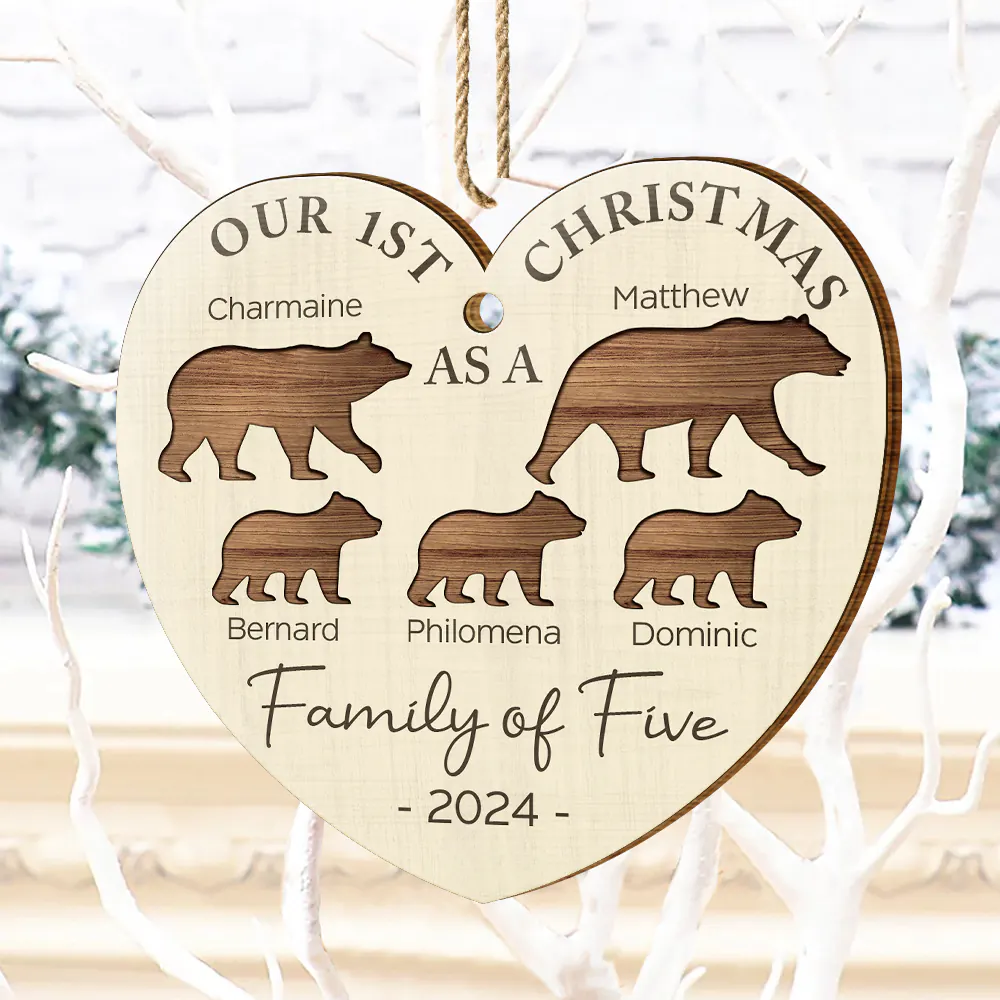 First Christmas As A Family Of Four Bear - Personalized Custom Shaped Wooden Ornament - Image 4