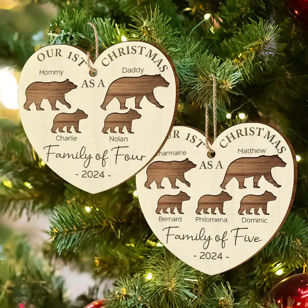First Christmas As A Family Of Four Bear - Personalized Custom Shaped Wooden Ornament - Image 6