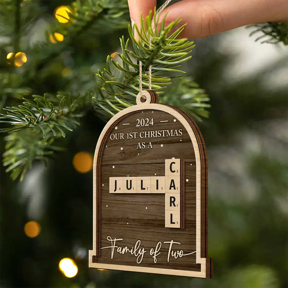 First Christmas As A Family Of Four Crossword Scrabble - Personalized 2-Layered Wooden Ornament - Image 3