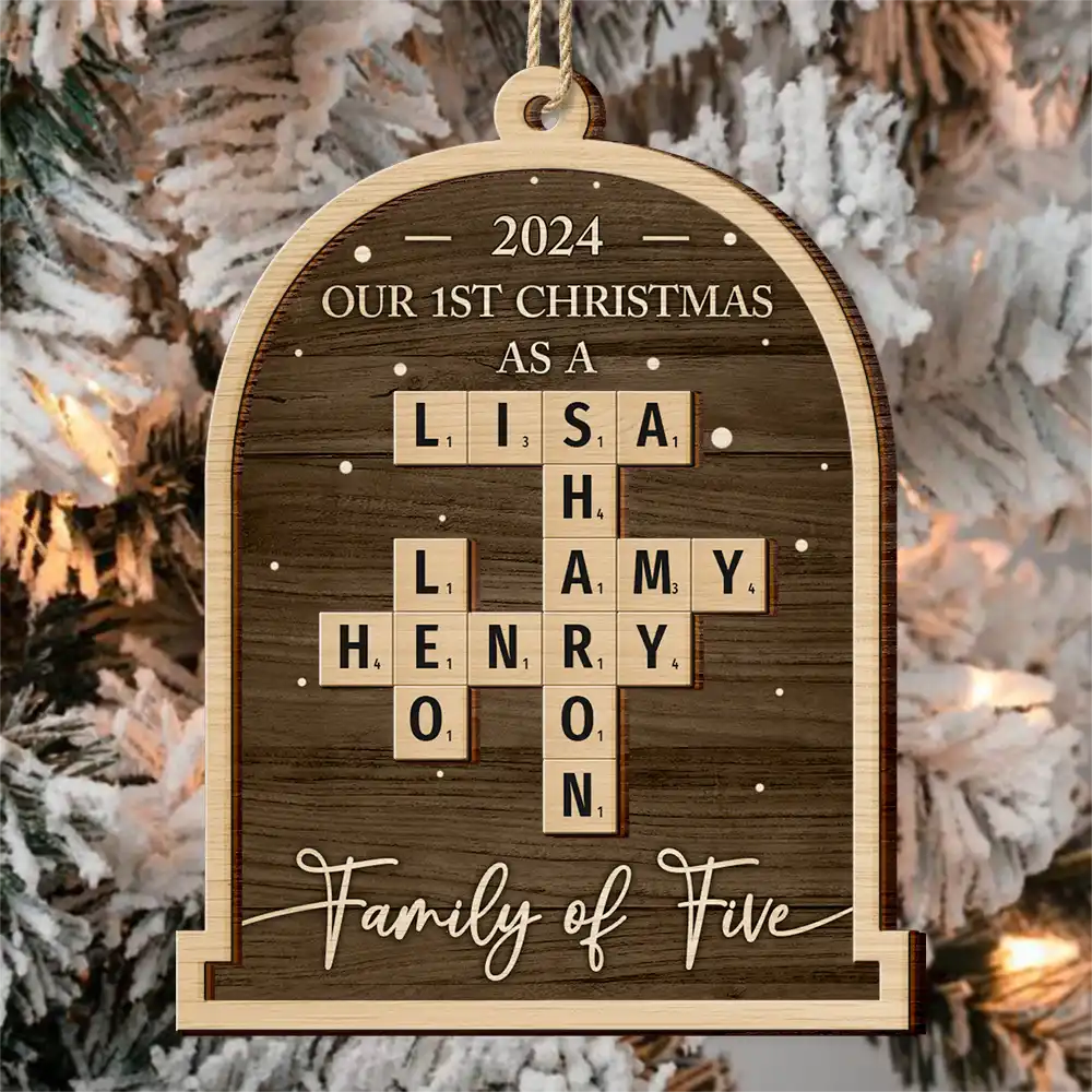First Christmas As A Family Of Four Crossword Scrabble - Personalized 2-Layered Wooden Ornament - Image 4