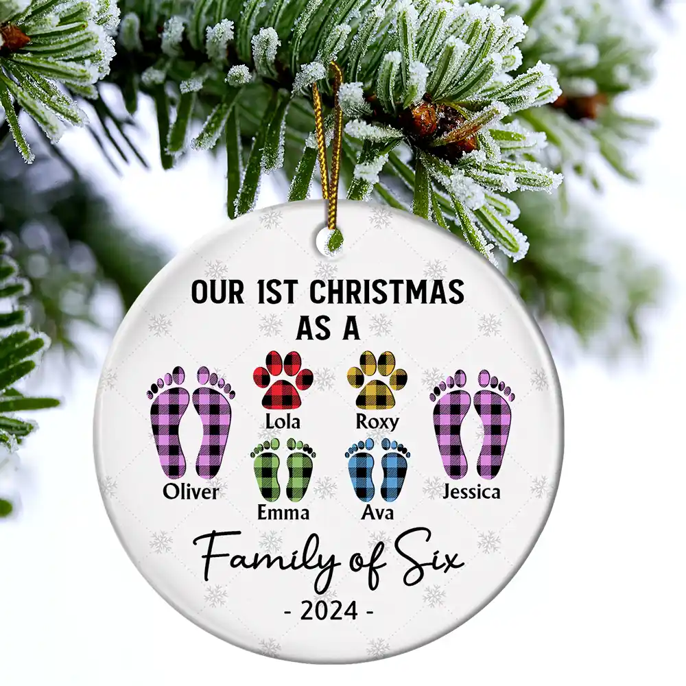 First Christmas As A Family Of Four Flannel Footprints - Personalized Circle Ceramic Ornament - Image 4
