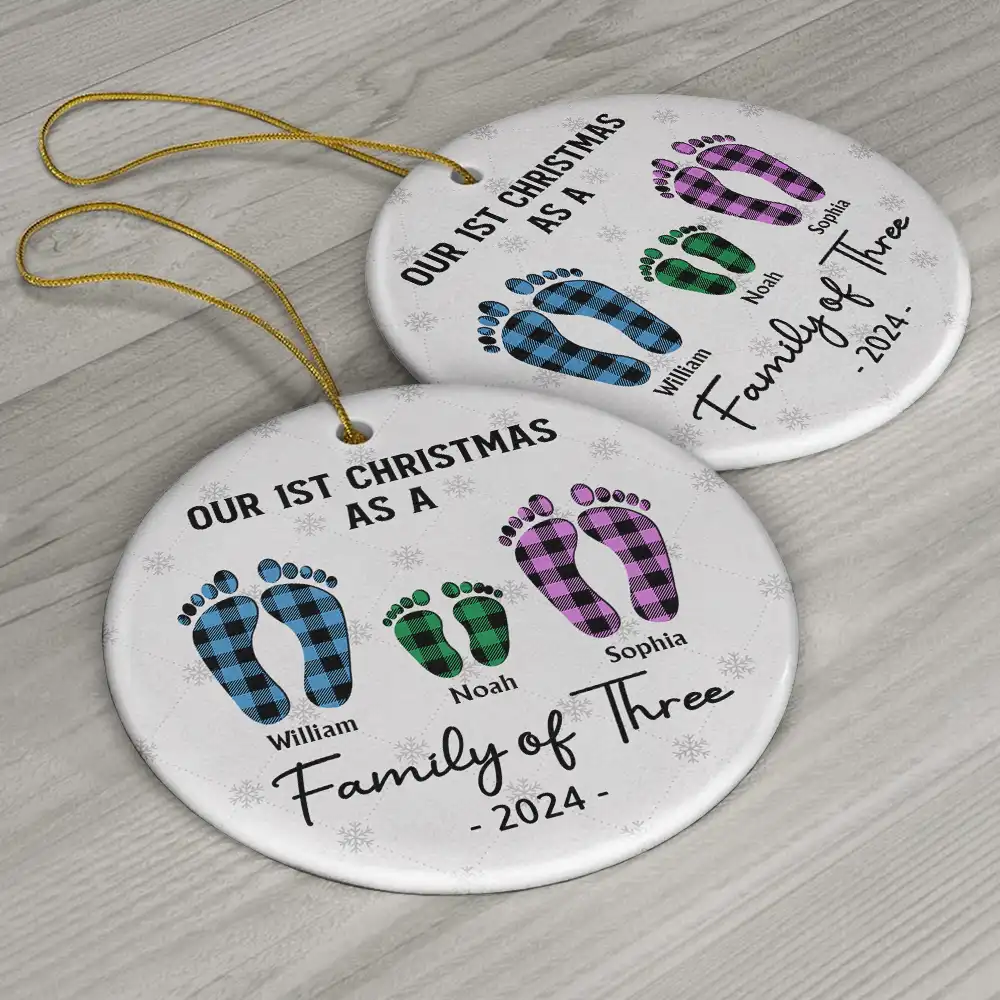 First Christmas As A Family Of Four Flannel Footprints - Personalized Circle Ceramic Ornament - Image 6