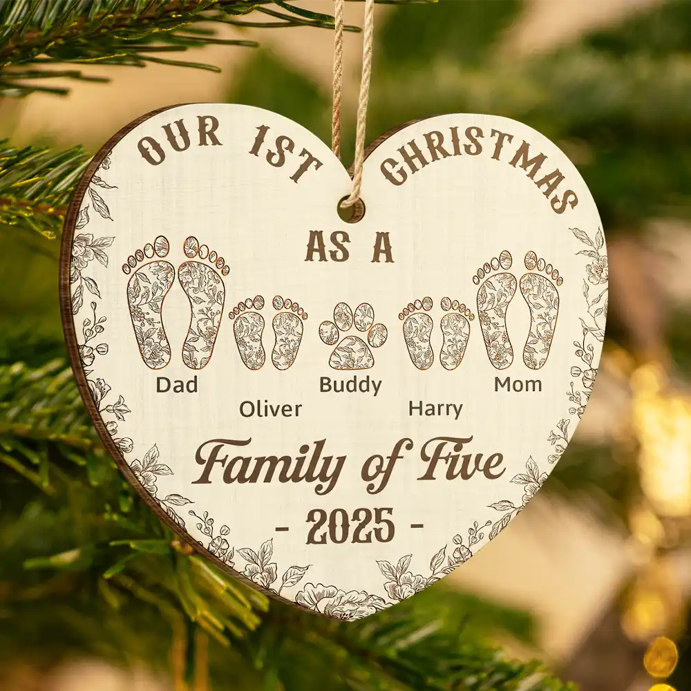 First Christmas As A Family Of Four Footprints Flower - Personalized Custom Shaped Wooden Ornament - Image 3