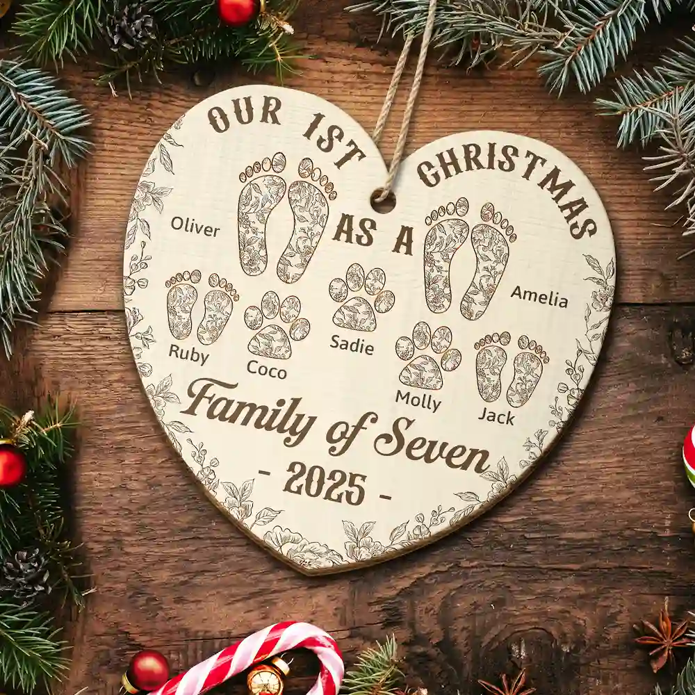 First Christmas As A Family Of Four Footprints Flower - Personalized Custom Shaped Wooden Ornament - Image 5