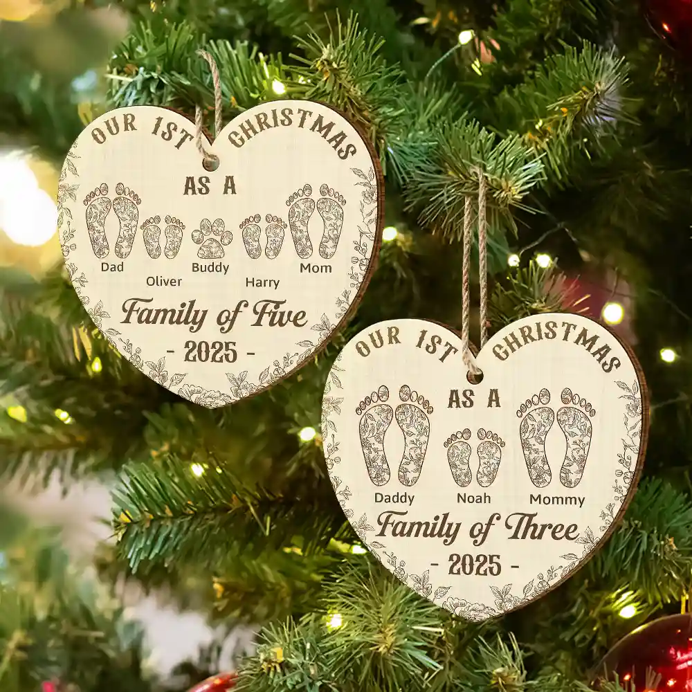 First Christmas As A Family Of Four Footprints Flower - Personalized Custom Shaped Wooden Ornament - Image 6
