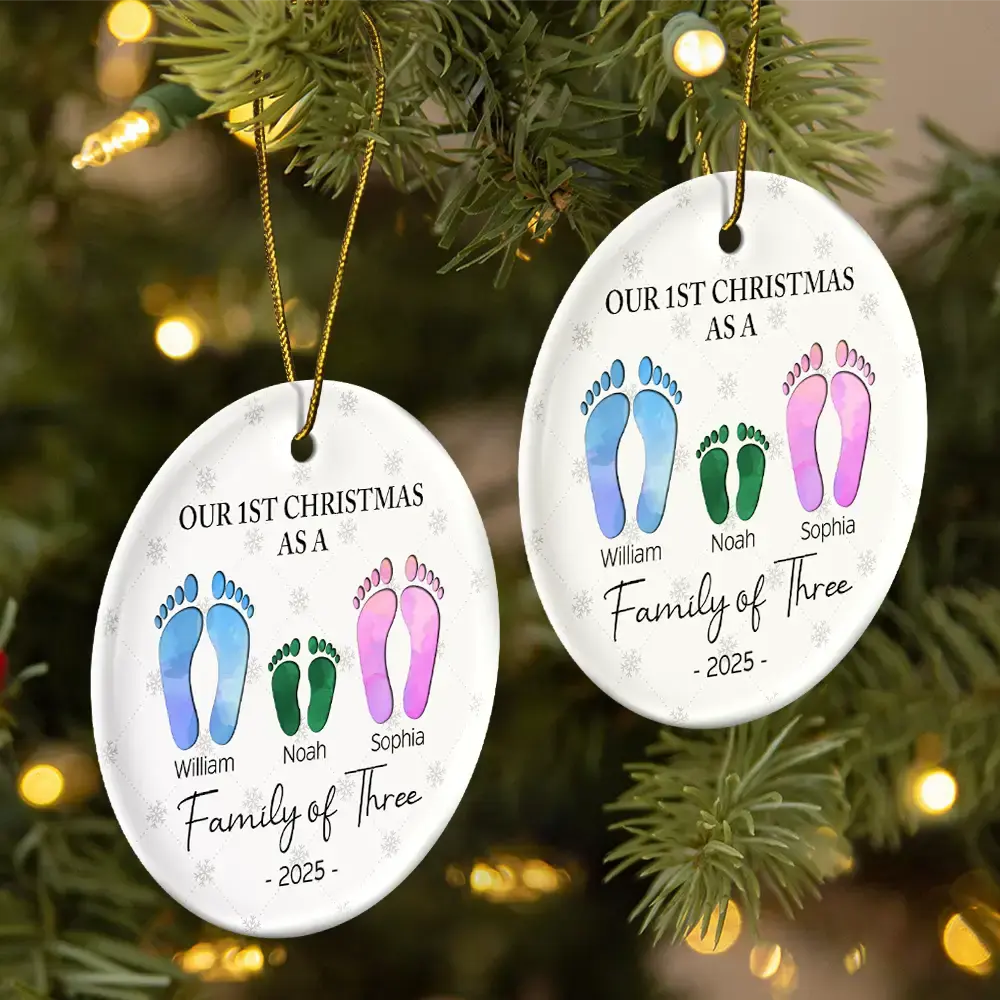 First Christmas As A Family Of Four Footprints - Personalized Circle Ceramic Ornament - Image 2