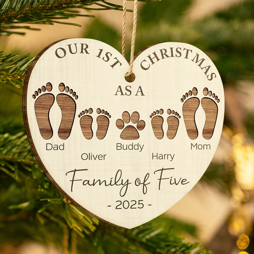 First Christmas As A Family Of Four Footprints - Personalized Custom Shaped Wooden Ornament - Image 3