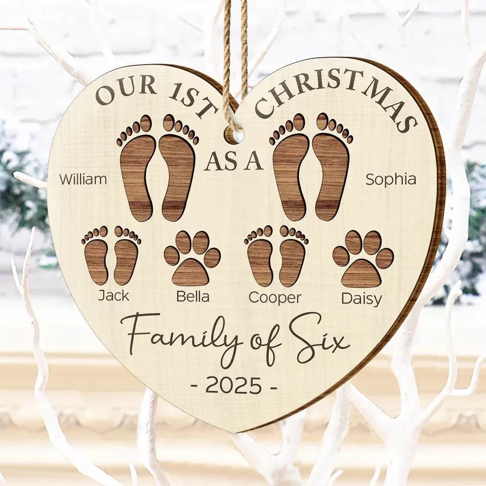 First Christmas As A Family Of Four Footprints - Personalized Custom Shaped Wooden Ornament - Image 4
