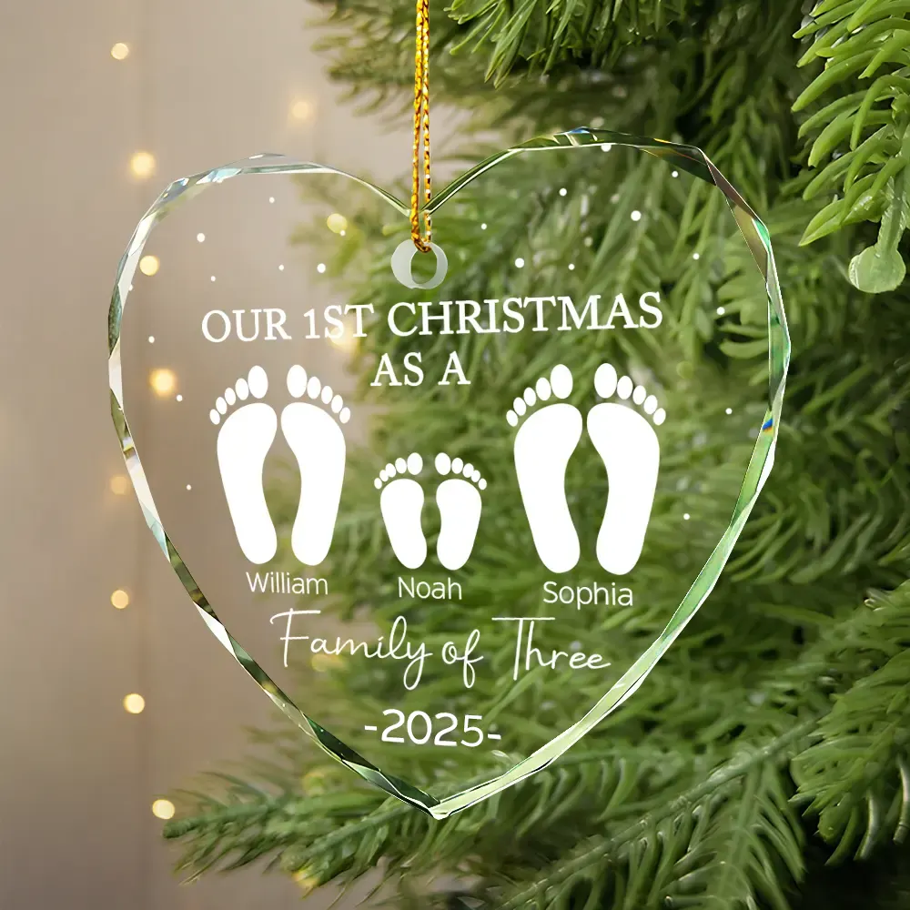 First Christmas As A Family Of Four Footprints - Personalized Heart Shaped Glass Ornament - Image 2