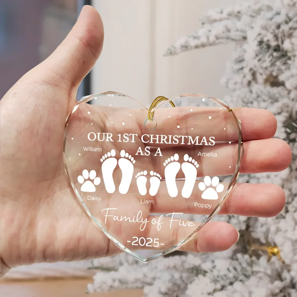 First Christmas As A Family Of Four Footprints - Personalized Heart Shaped Glass Ornament - Image 3