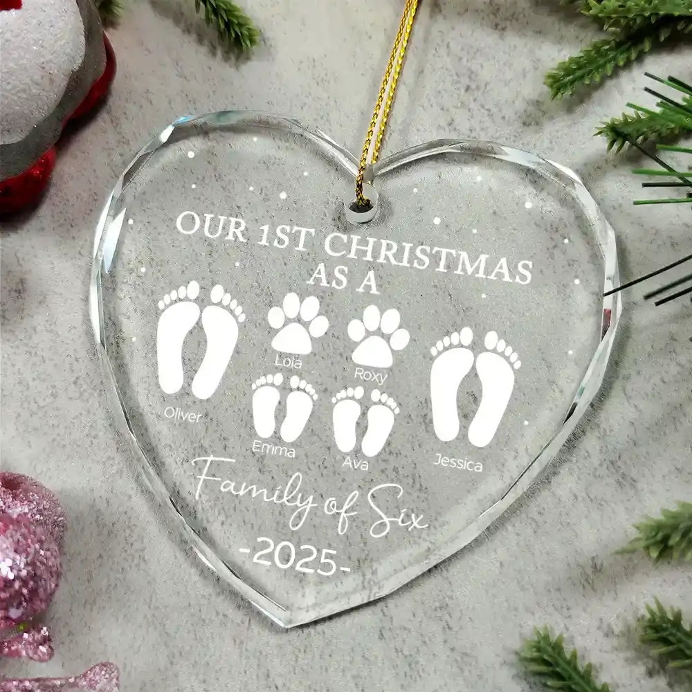 First Christmas As A Family Of Four Footprints - Personalized Heart Shaped Glass Ornament - Image 4