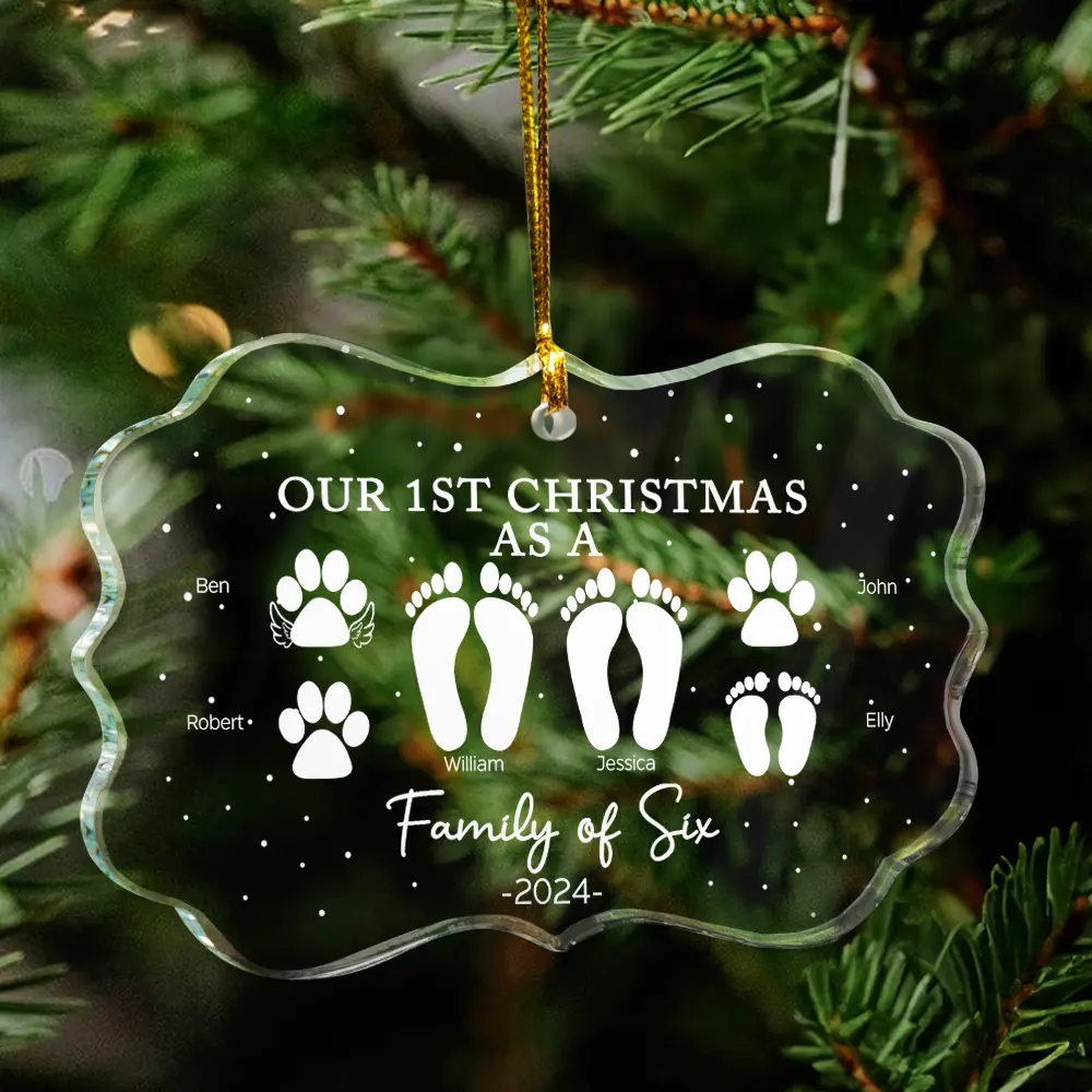 First Christmas As A Family Of Four Footprints - Personalized Medallion Glass Ornament - Image 4