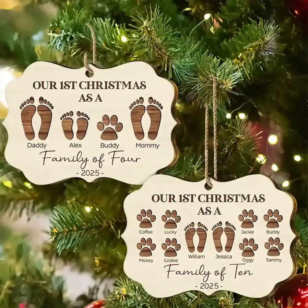 First Christmas As A Family Of Four Footprints - Personalized Medallion Wooden Ornament - Image 6