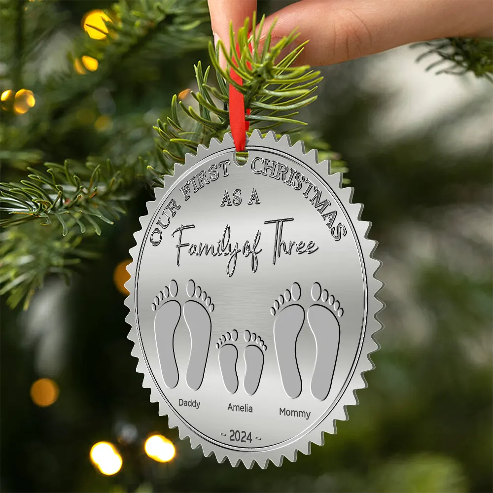 First Christmas As A Family Of Four Footprints - Personalized Metal Ornament - Image 2