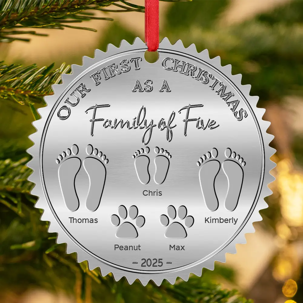 First Christmas As A Family Of Four Footprints - Personalized Metal Ornament - Image 3