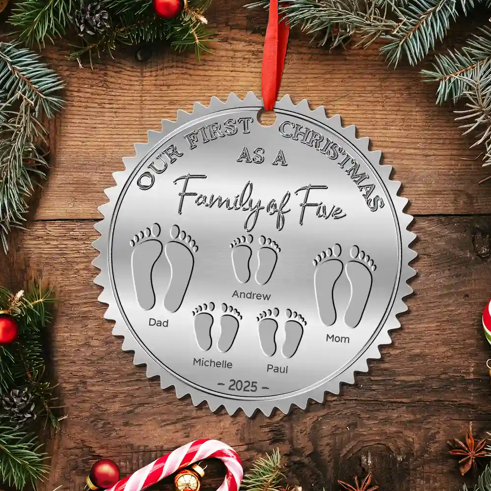 First Christmas As A Family Of Four Footprints - Personalized Metal Ornament - Image 5