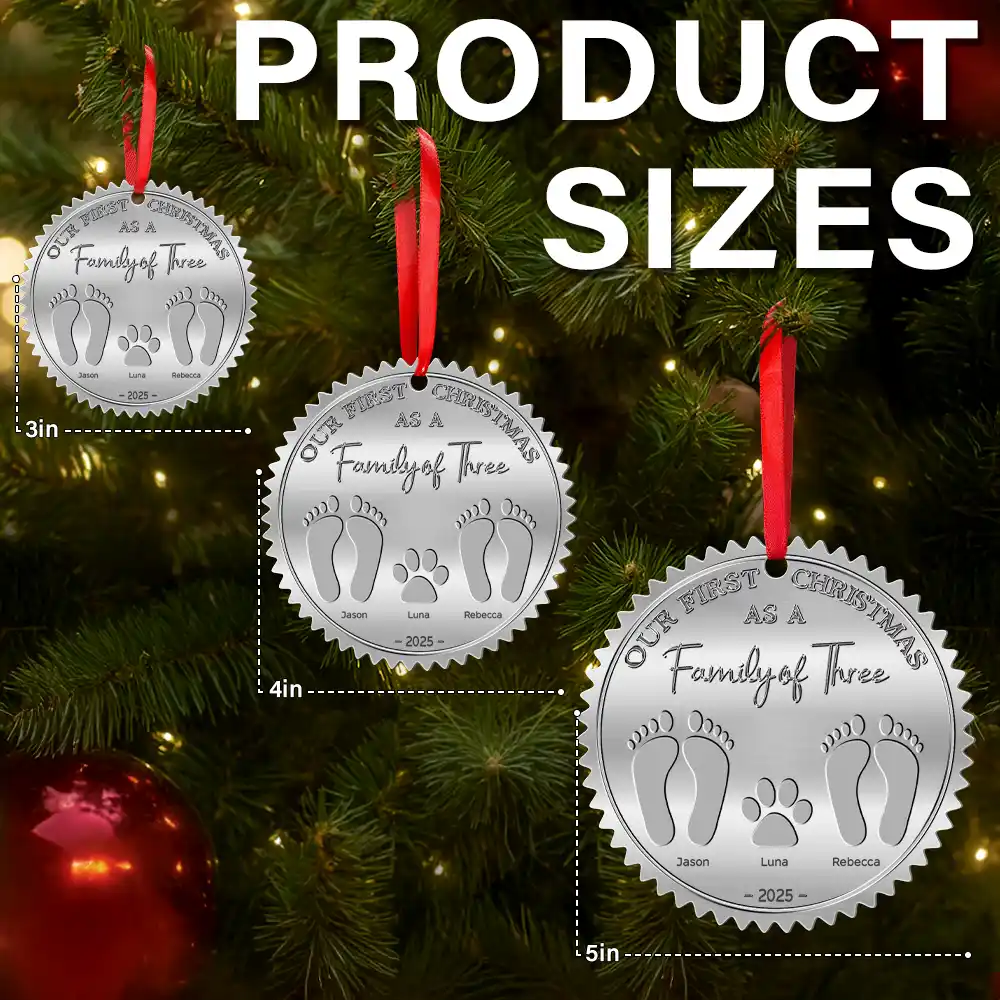 First Christmas As A Family Of Four Footprints - Personalized Metal Ornament - Image 6