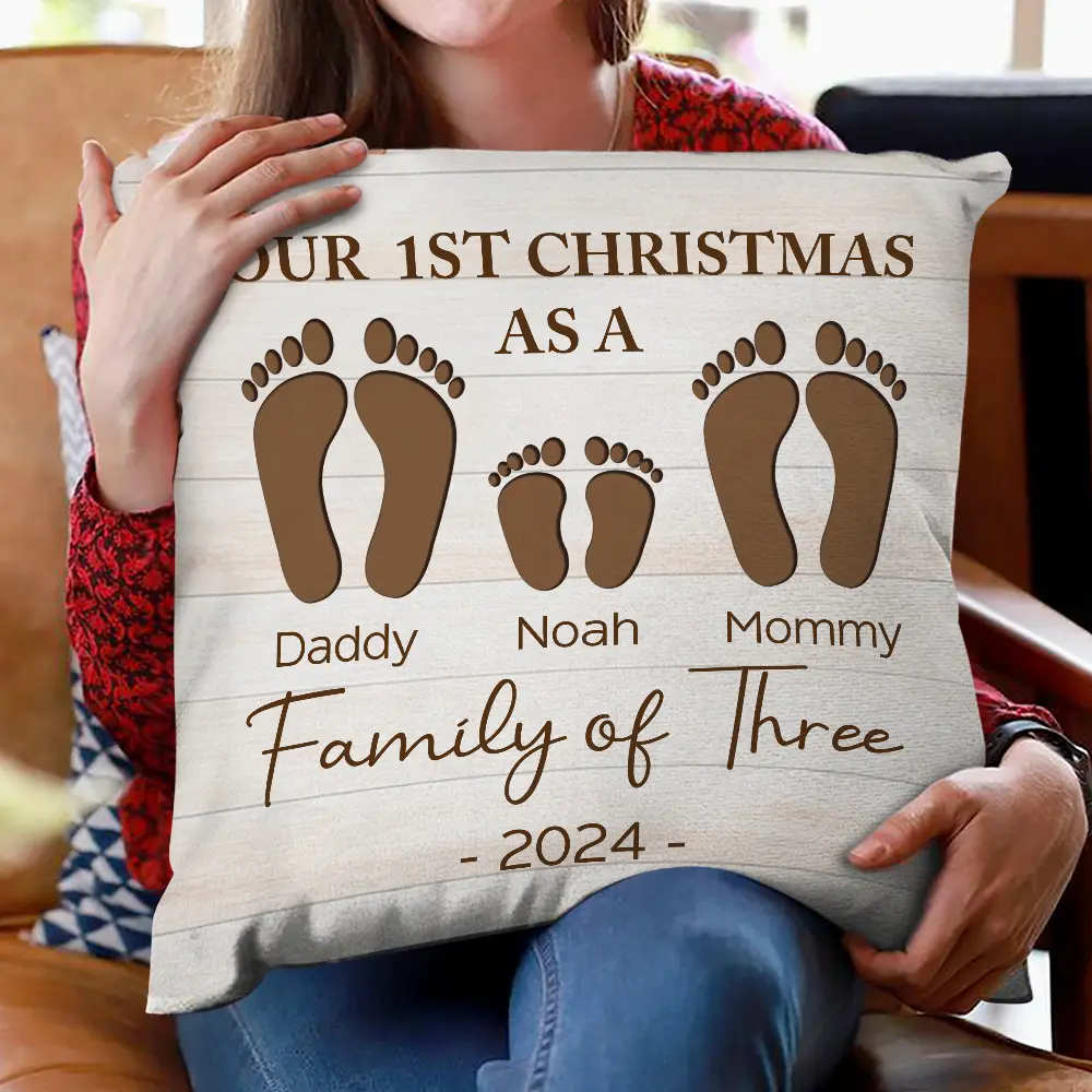 First Christmas As A Family Of Four Footprints - Personalized Pillow - Image 2