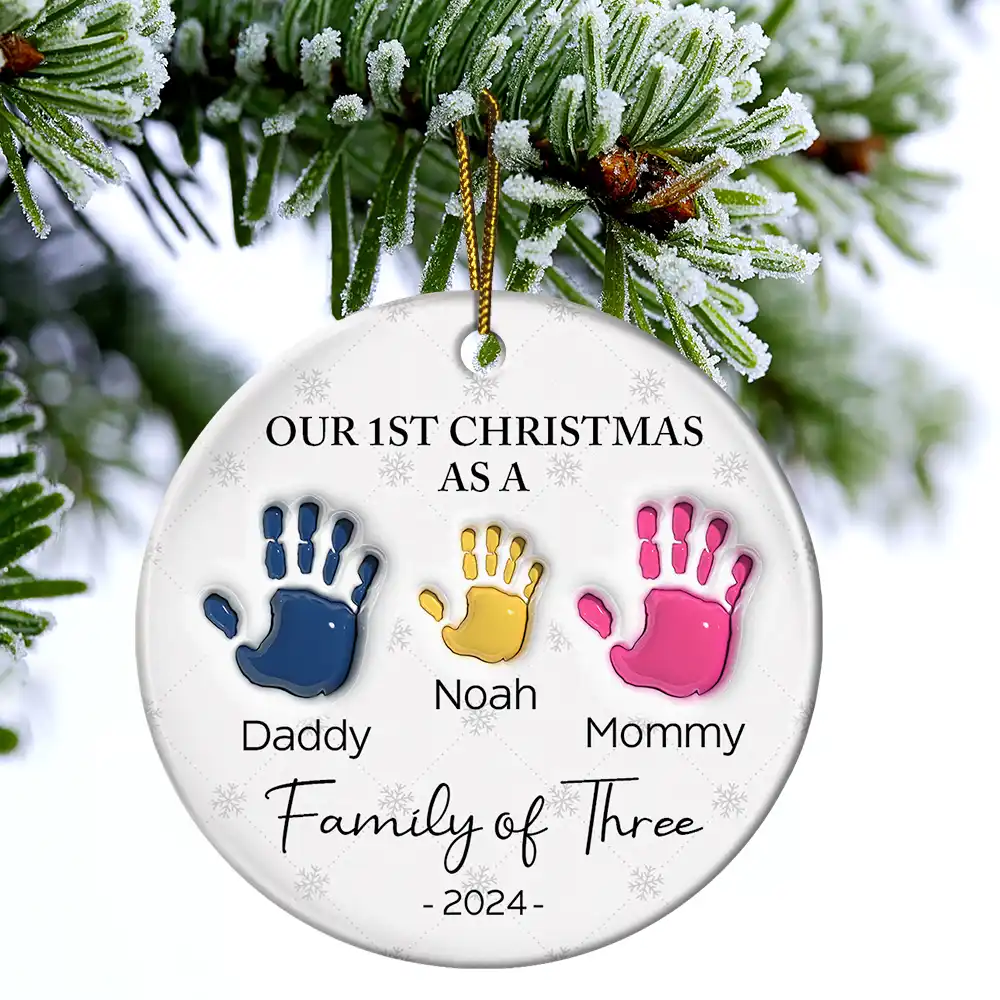 First Christmas As A Family Of Four Handprints - 3D Inflated Effect Printed Ornament, Personalized Circle Ceramic Ornament - Image 4
