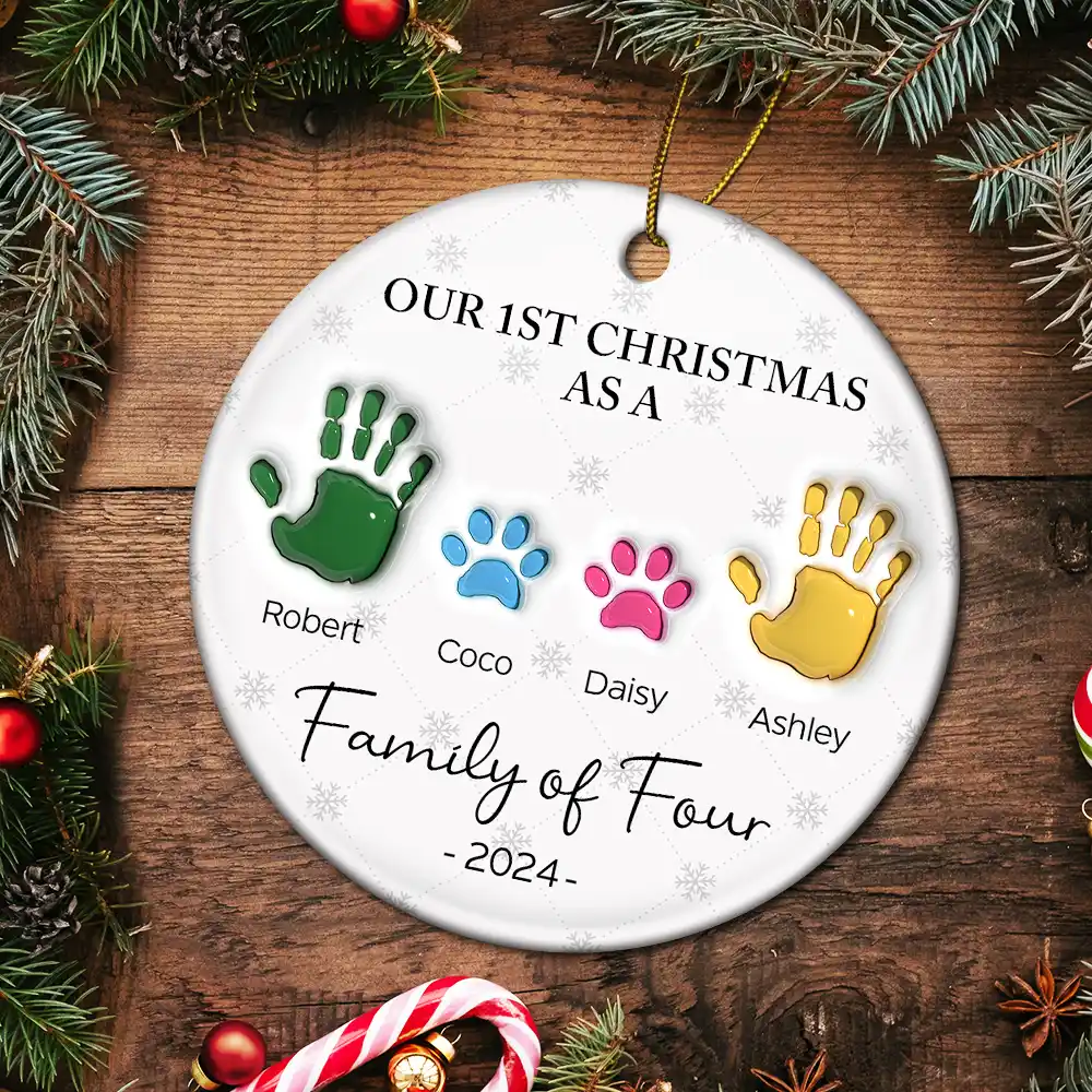 First Christmas As A Family Of Four Handprints - 3D Inflated Effect Printed Ornament, Personalized Circle Ceramic Ornament - Image 5