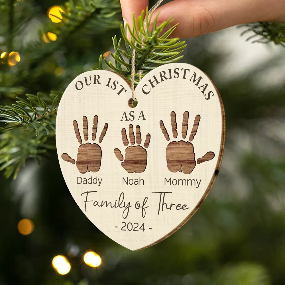 First Christmas As A Family Of Four Handprints - Personalized Custom Shaped Wooden Ornament - Image 2