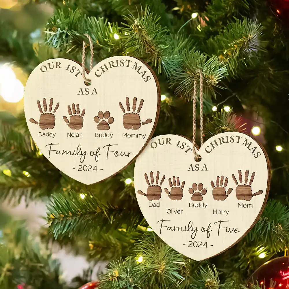 First Christmas As A Family Of Four Handprints - Personalized Custom Shaped Wooden Ornament - Image 6