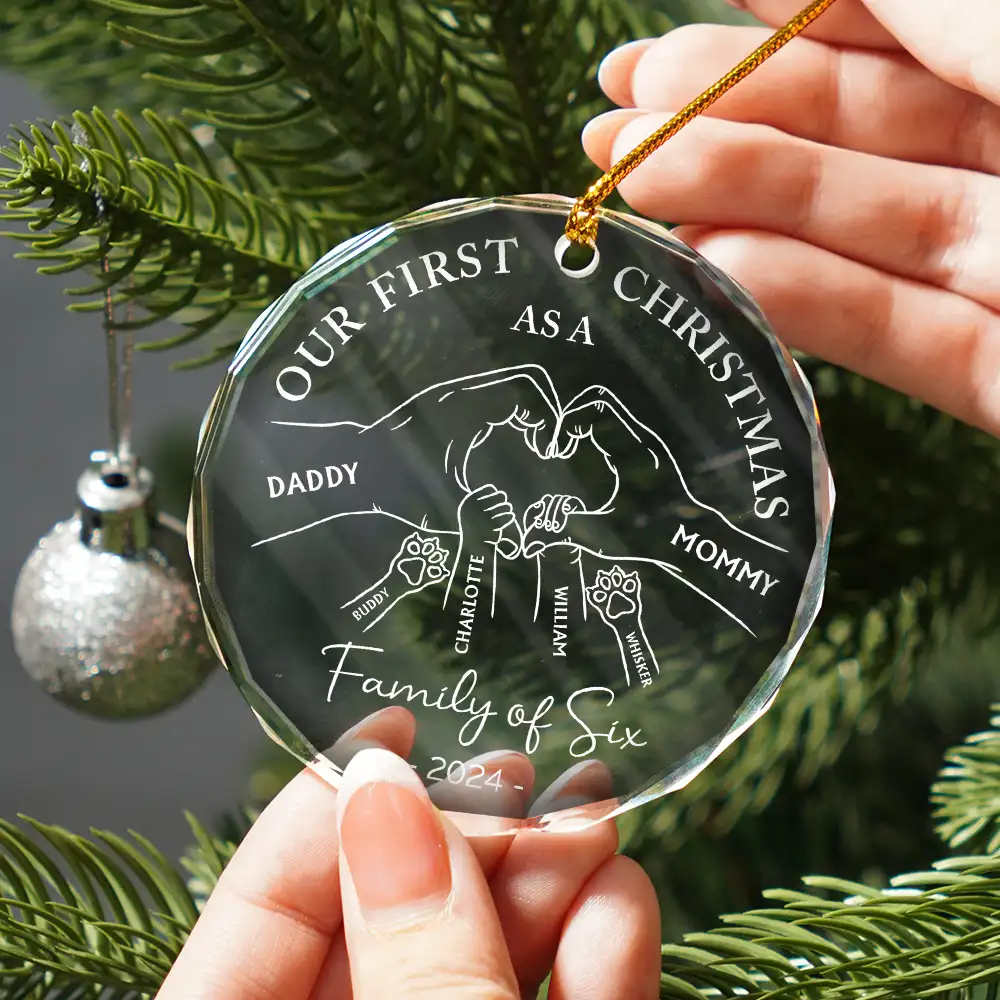 First Christmas As A Family Of Four Holding Hands - Personalized Circle Glass Ornament - Image 2
