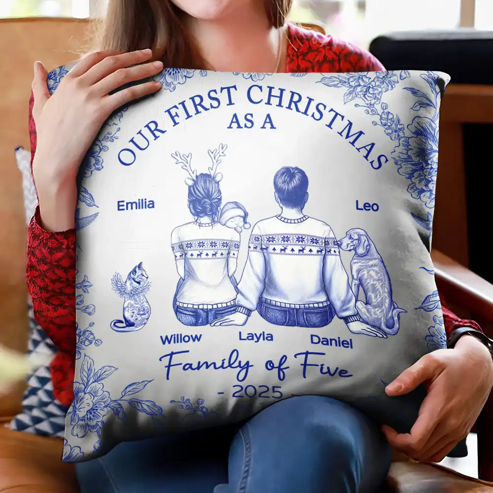 First Christmas As A Family Of Four New Parents Toile - Personalized Pillow - Image 2