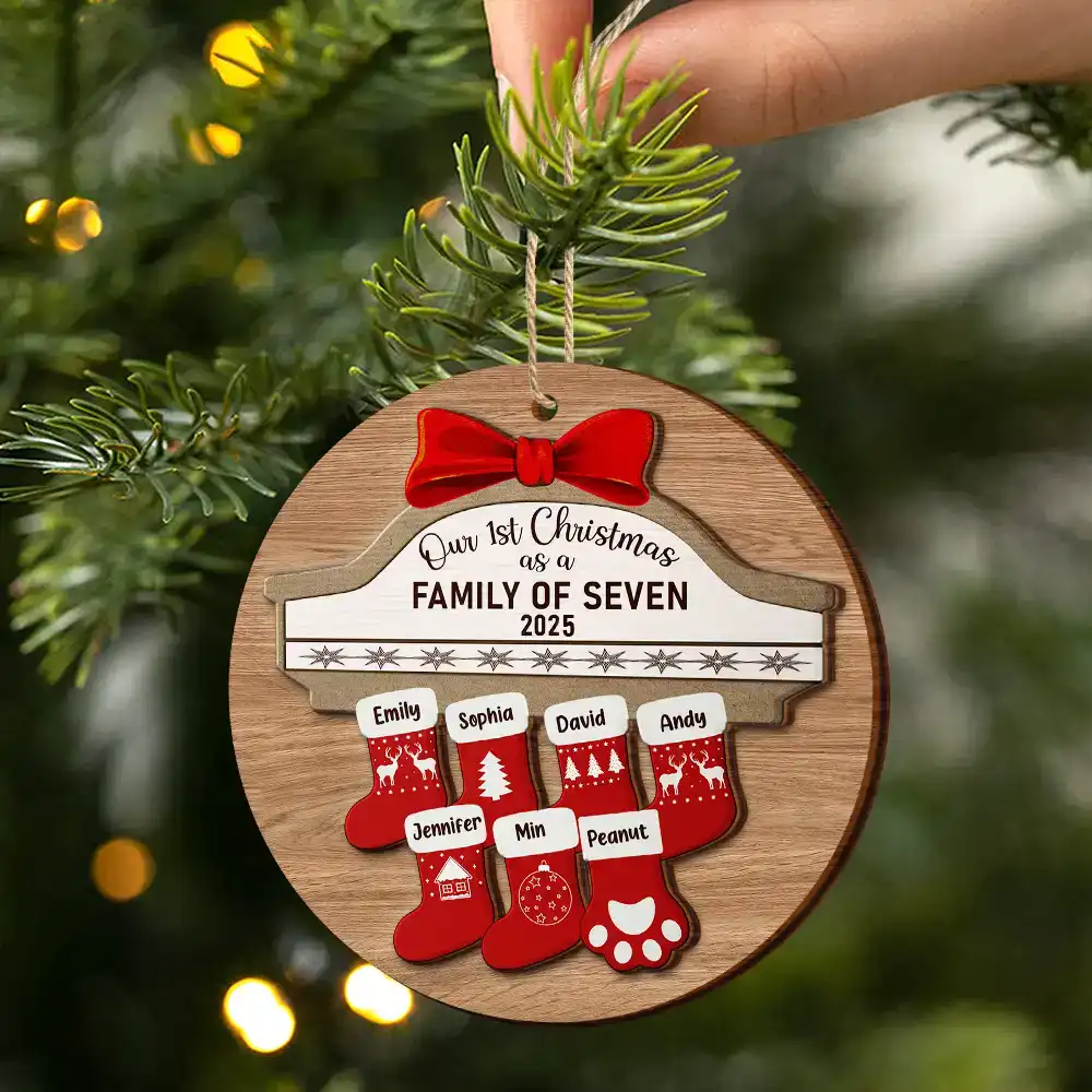 First Christmas As A Family Of Four Stocking Family - Personalized 2-Layered Wooden Ornament - Image 2
