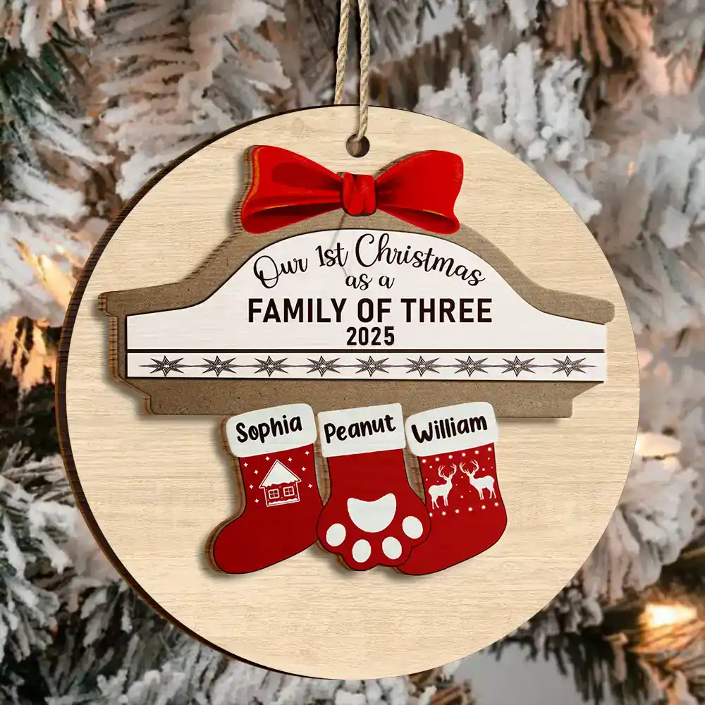 First Christmas As A Family Of Four Stocking Family - Personalized 2-Layered Wooden Ornament - Image 3