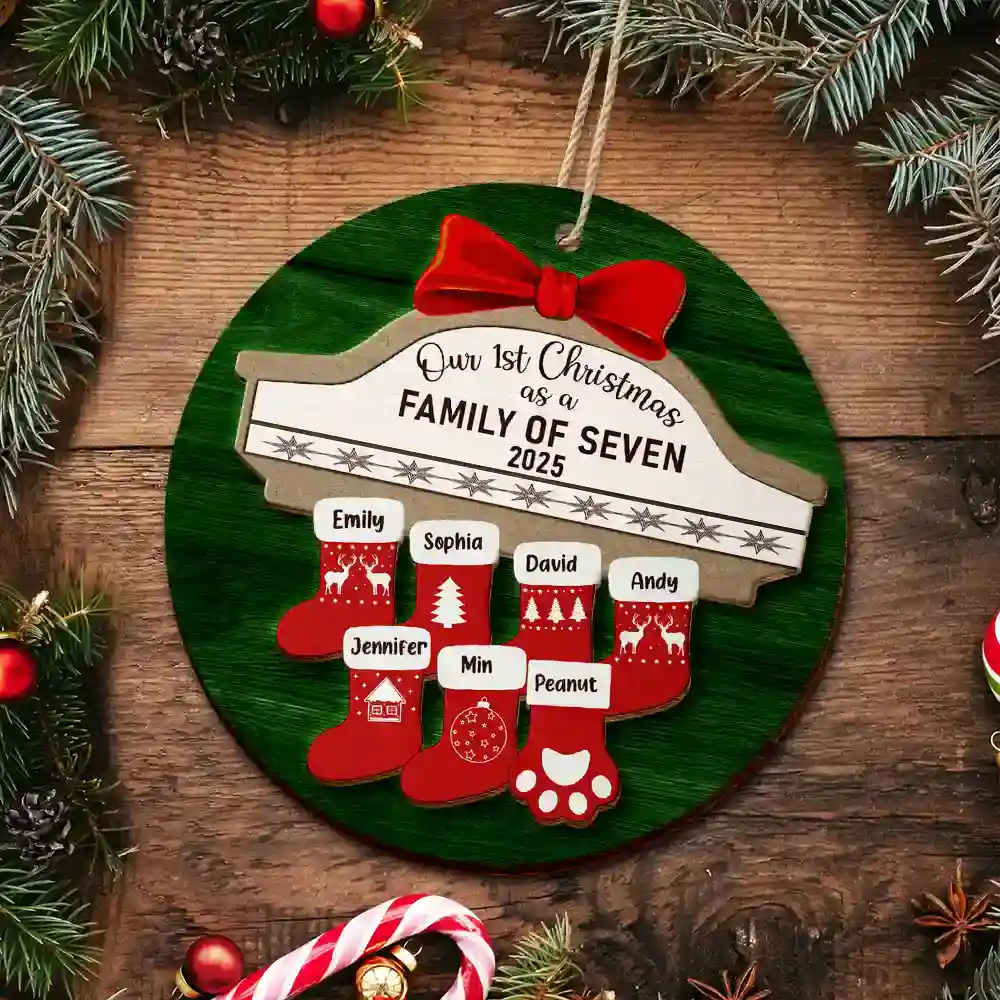 First Christmas As A Family Of Four Stocking Family - Personalized 2-Layered Wooden Ornament - Image 4