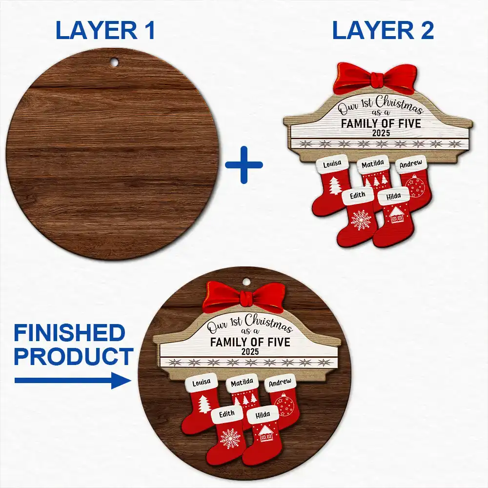 First Christmas As A Family Of Four Stocking Family - Personalized 2-Layered Wooden Ornament - Image 6